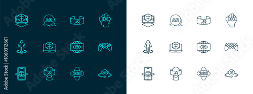 Set line Virtual reality glasses, Big brother electronic eye, 360 degree view, 3d modeling, and Augmented AR icon. Vector