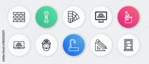 Set line Washbasin, Paint bucket with brush, Worker safety helmet, Triangular ruler and pencil, Color palette guide, Closed door and Builder icon. Vector