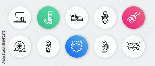 Set line Mustache and beard, Clover trefoil leaf with tag, Glass of beer, Leprechaun, boot, Carnival garland flags and icon. Vector