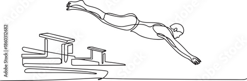 One single line drawing of young sporty fit swimmer jump to practice swimming in indoor pool sport center vector illustration. Healthy lifestyle and sport concept. one line Icon drawing