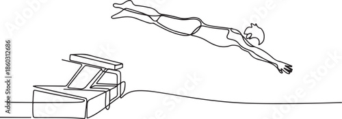 One single line drawing of young sporty fit swimmer jump to practice swimming in indoor pool sport center vector illustration. Healthy lifestyle and sport concept. one line Icon drawing