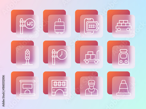 Set line Cargo train wagon, Bridge for, Trolley suitcase, Train conductor, station clock, Online ticket booking, Toilet and Suitcase icon. Vector