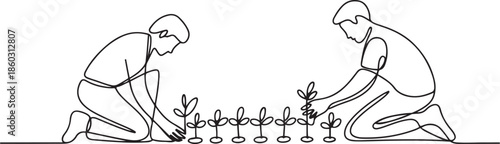 Single continuous line drawing couple farmer planting plant shoots in the ground. Start the planting period. Minimalism metaphor concept. one line Icon drawing