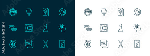 Set line Game dice, Bingo, Chess pawn, Crossed billiard cues, Board game, Mahjong pieces, Table football and Racket icon. Vector