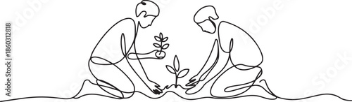 Single continuous line drawing couple farmer planting plant shoots in the ground. Start the planting period. Minimalism metaphor concept. one line Icon drawing