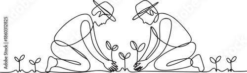 Single continuous line drawing couple farmer planting plant shoots in the ground. Start the planting period. Minimalism metaphor concept. one line Icon drawing
