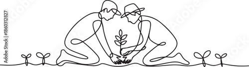Single continuous line drawing couple farmer planting plant shoots in the ground. Start the planting period. Minimalism metaphor concept. one line Icon drawing
