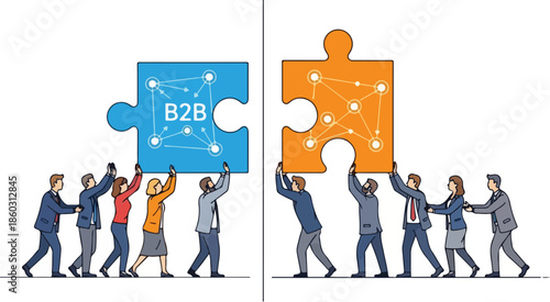 Business people connecting B2B puzzle pieces symbolizing partnership and collaboration.