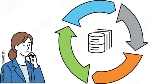 Businesswoman Contemplating Data Management Cycle and Information Flow.
