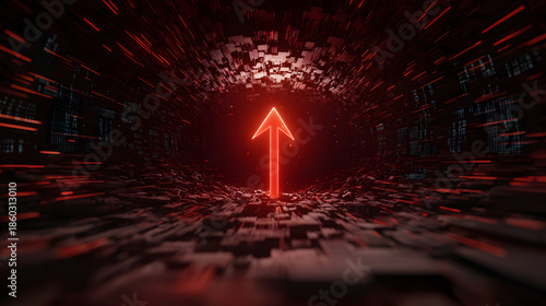 Glowing red arrow points upward dark, abstract digital tunnel, symbolizing progress
