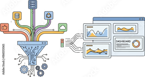 Data funneling and analysis dashboard illustration.