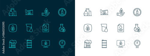 Set line Motor gas gauge, Barrel oil, Contract money and pen, Oil drop with dollar symbol, petrol test tube, tank storage and pump pump jack icon. Vector