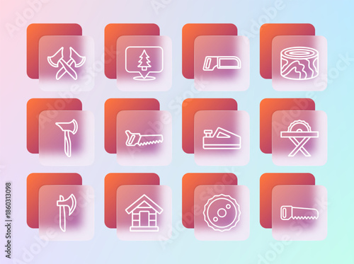 Set line Wooden logs, Dog house, plane tool, Circular saw blade, Hand, Hacksaw, axe and Location of the forest icon. Vector