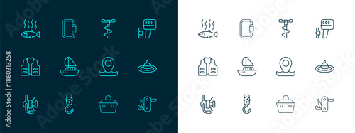Set line Outboard boat motor, Spring scale, Location fishing, Case box for equipment, Yacht sailboat, Hand ice drill, Dead and Carabiner icon. Vector