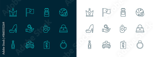 Set line International Women Day, Bedroom, Coffee cup and heart, Greeting card with 8 March, Female gender symbol, Perfume, King crown and Feminist activist icon. Vector