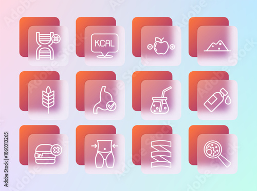 Set line Salt, Women waist, Fresh smoothie, Sports nutrition proteine, Human stomach health, Calorie calculator, No GMO and Kcal icon. Vector