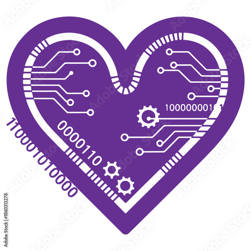 Purple heartshaped graphic with circuit design and binary code symbolizing technology and love