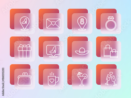 Set line Diamond engagement ring, Coffee cup and heart, Elegant women hat, Martini glass, Woman shoe, 8 March, and Envelope with icon. Vector