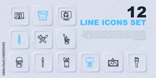Set line Picture landscape, Paint brush, Wood easel, Pencil with eraser, bucket and case stationery icon. Vector
