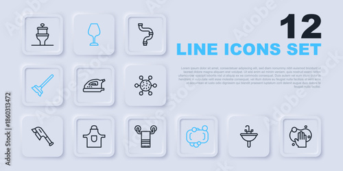 Set line Washbasin, Sponge, Electric iron, Bar of soap, Mop, Kitchen apron, Wine glass and Towel hanger icon. Vector