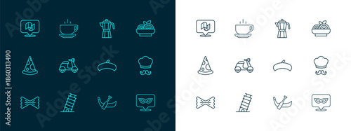 Set line Pasta spaghetti, Leaning tower in Pisa, French beret, Gondola boat, Scooter, Coffee maker moca pot, Flag Italy and cup icon. Vector