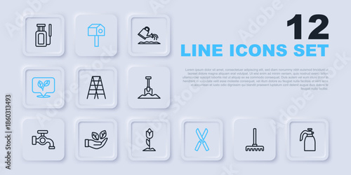 Set line Garden rake, sprayer for water, Wooden staircase, Gardening scissors, Leaf, hand, Bird house and Flower tulip icon. Vector