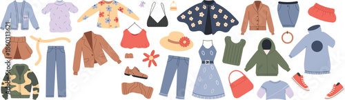 Large set of casual women's clothing including jackets, jeans, sweaters, dresses, tops, accessories like hats and bags, isolated on white background for fashion design.