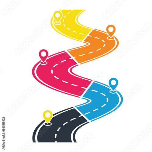 A colorful illustration depicting a winding road with location markers representing journey and navigation concepts
