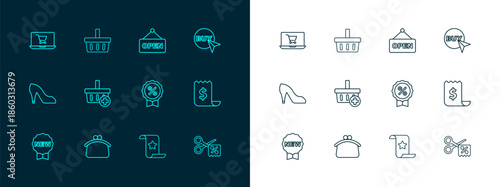 Set line Buy button, Wallet, Discount percent tag, Paper check and financial check, Add Shopping basket, Hanging sign with text Open, cart screen laptop and icon. Vector