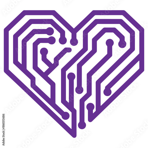 Purple heartshaped tech circuit design isolated on transparent background for digital and tech themes