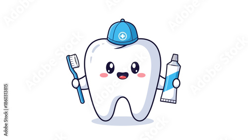 A cute happy bear character tooth with toothbrush vector illustration featuring a funny smile and dental health care symbol design in a cartoon art style