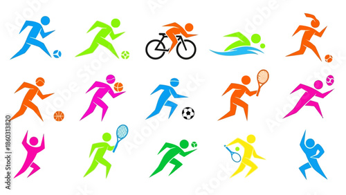 Vector set of colorful people icons and silhouettes featuring a collection of sport fitness and dance activity symbols for family and group logo design illustration