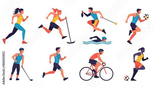 Set of black vector sport silhouettes featuring men, women, and children in action competition poses including soccer, basketball, football, running, tennis, and golf fitness players