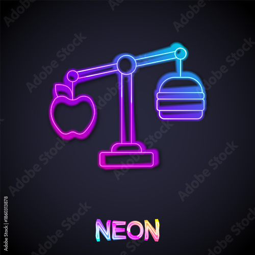 Glowing neon line Calorie calculator icon isolated on isolated on black background. Calorie count. Diet. Weight loss. Portion control. Healthy eating. Dietary nutrition. Vector