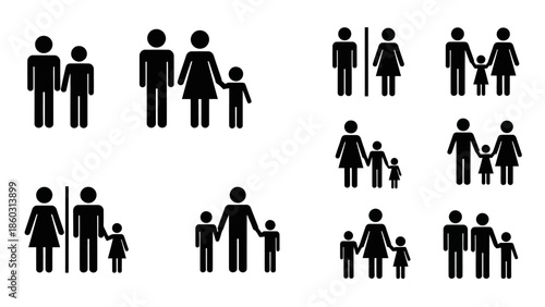 Vector illustration set of people silhouettes featuring business figures, a couple in love, and a family with a mother, father, baby, and child icons as stick person pictograms