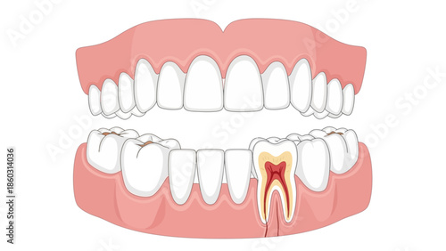 A medical model of a human jaw showing healthy teeth and gums alongside dental tools and dentures for oral hygiene care and professional dentistry practice