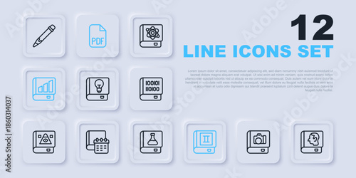 Set line Photo album gallery, Law book, User manual, Book, Financial, Daily paper notepad, PDF file document and Chemistry icon. Vector
