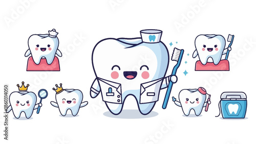 A funny cartoon illustration of a smiling tooth with a toothbrush wearing a red Christmas hat and scarf as a festive winter character for a holiday card