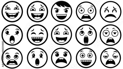 Set of funny cartoon faces featuring a diverse collection of people icons and smiley character avatars with various facial expressions and emotions in a flat vector illustration style