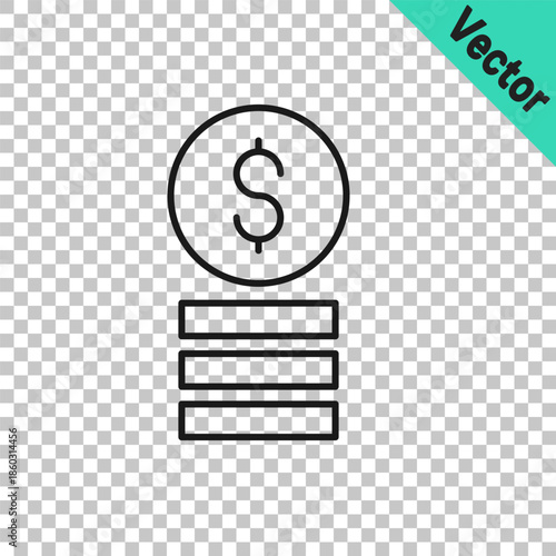 Black line Casino chip with dollar symbol icon isolated on transparent background. Casino gambling. Vector