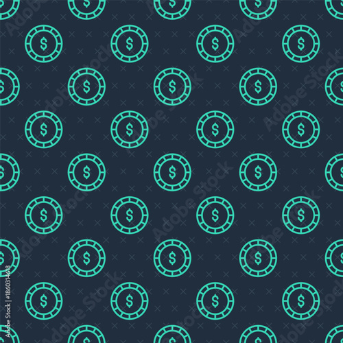Green line Casino chip with dollar symbol icon isolated seamless pattern on blue background. Casino gambling. Vector