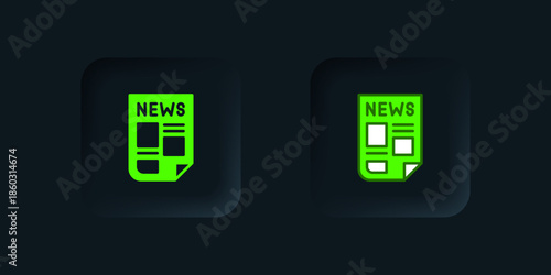 Green News icon isolated on black background. Newspaper sign. Mass media symbol. Black square button. Vector