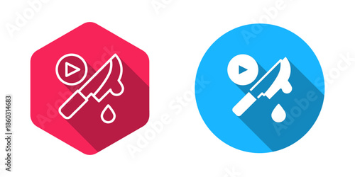 Filled and outline Thriller movie icon isolated with long shadow background. Bloody knife. Suspenseful cinema genre, survival horror. Shocking films with gore and violence. Vector