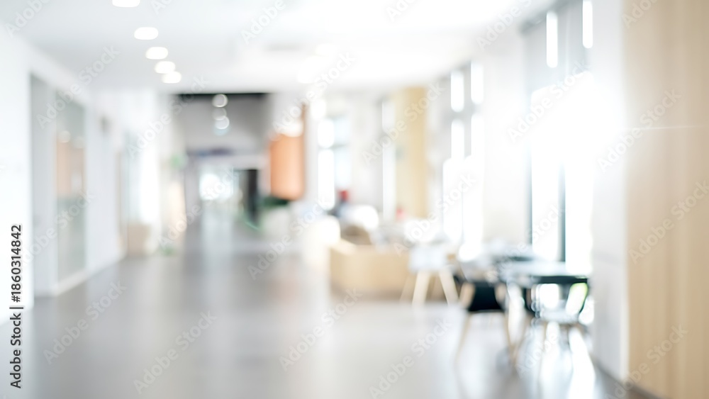 Fototapeta premium Blurry modern office lobby corridor with seating area and bright natural light