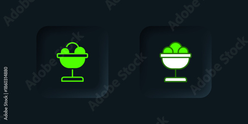 Green Ice cream in the bowl icon isolated on black background. Sweet symbol. Black square button. Vector