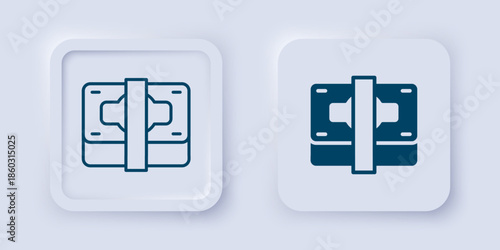 Filled and outline Stacks paper money cash icon isolated on grey background. Money banknotes stacks. Bill currency. Square button. Vector