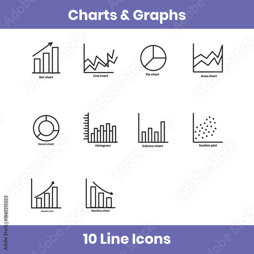 Charts and graphs line icon set, including bar, line, pie, area, column, scatter, histogram, and growth charts. Clean outline style for analytics, reports, and dashboards.
