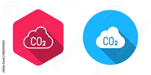 Filled and outline CO2 emissions in cloud icon isolated with long shadow background. Carbon dioxide formula, smog pollution concept, environment concept. Vector
