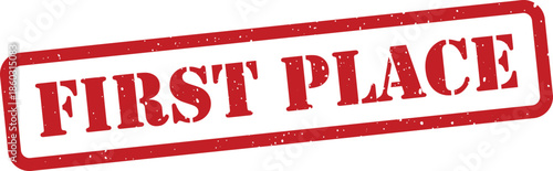 Red first place stamp on white background