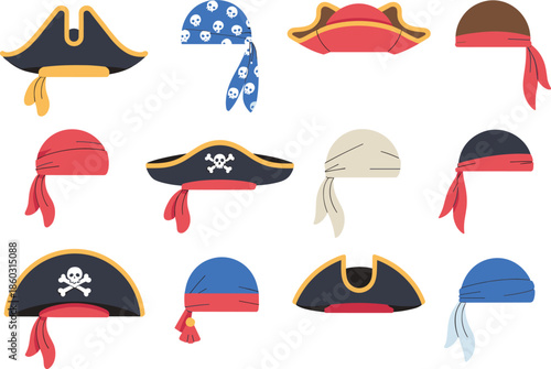 Pirate hat and bandana set, skull symbol headwear, costume accessory collection, nautical fashion vector, swashbuckler outfit design, illustrated pirate theme elements